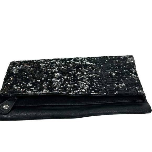 BCBGeneration Black Leather Silver Sequin Foldover Evening Clutch Zipper - Picture 1 of 9
